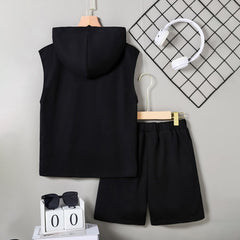 Boys Black Sleeveless Hooded Printed T-Shirt With Shorts Set