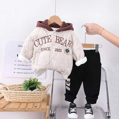 Boys Beige Embroidered Quilted Puffer Jacket With Jogger Sets