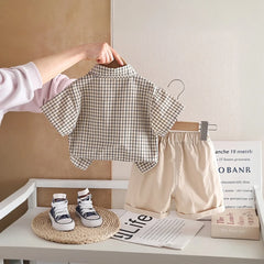 Boys Beige Checked Short Sleeve Shirt with Shorts Sets