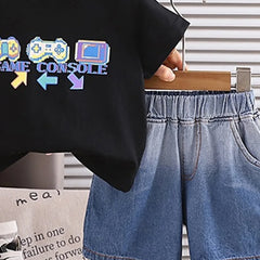 Boys Black Graphic Printed Short Sleeve T-Shirt With Denim Shorts Sets