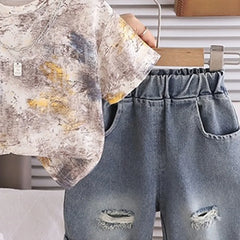 Boys Beige Abstract Printed Short Sleeve T-Shirt with Distressed Denim Shorts Sets