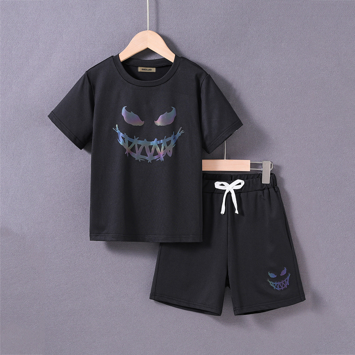 Boys Black Halloween Printed Short Sleeves T-Shirt With Shorts Set