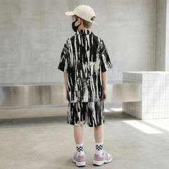 Boys Black Abstract Print Short Sleeves Shirt With Shorts Co-ord Sets