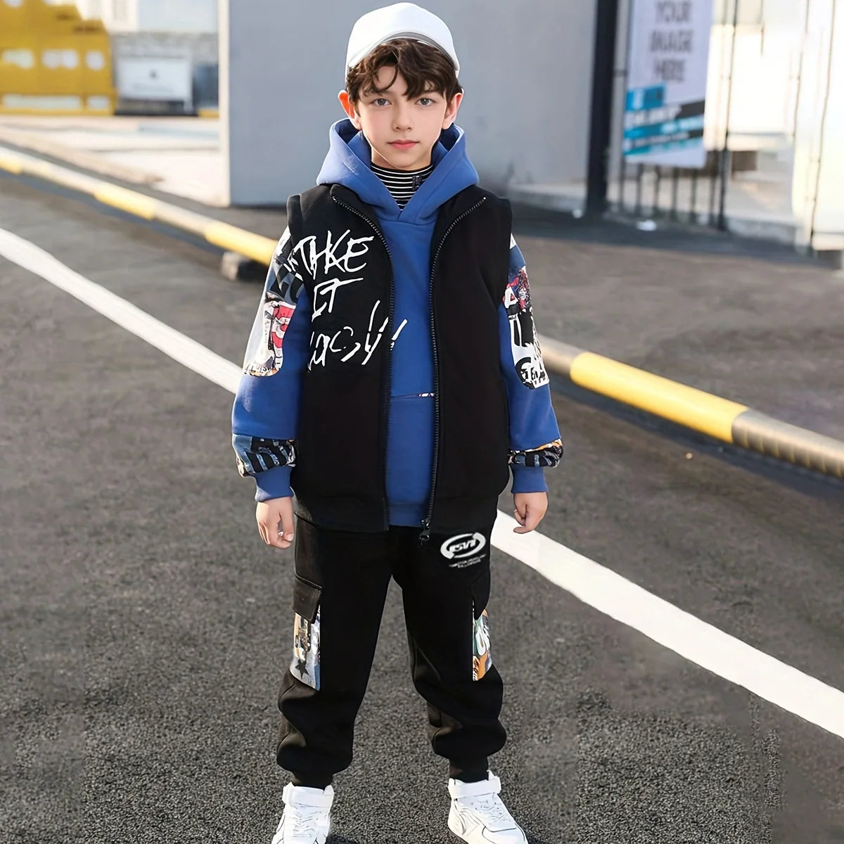 Boys Blue Graphics Printed hoodie With Sleeveless Jacket & Jogger Sets