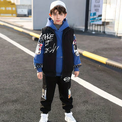 Boys Blue Graphics Printed hoodie With Sleeveless Jacket & Jogger Sets