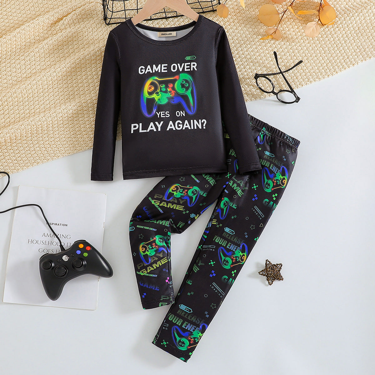 Boys Black Gaming Printed Glow in the Dark T-Shirt with Pajama Set