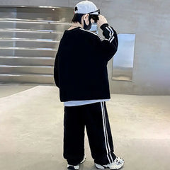 Boys Black Typographic Printed Sweatshirt With Pants Set