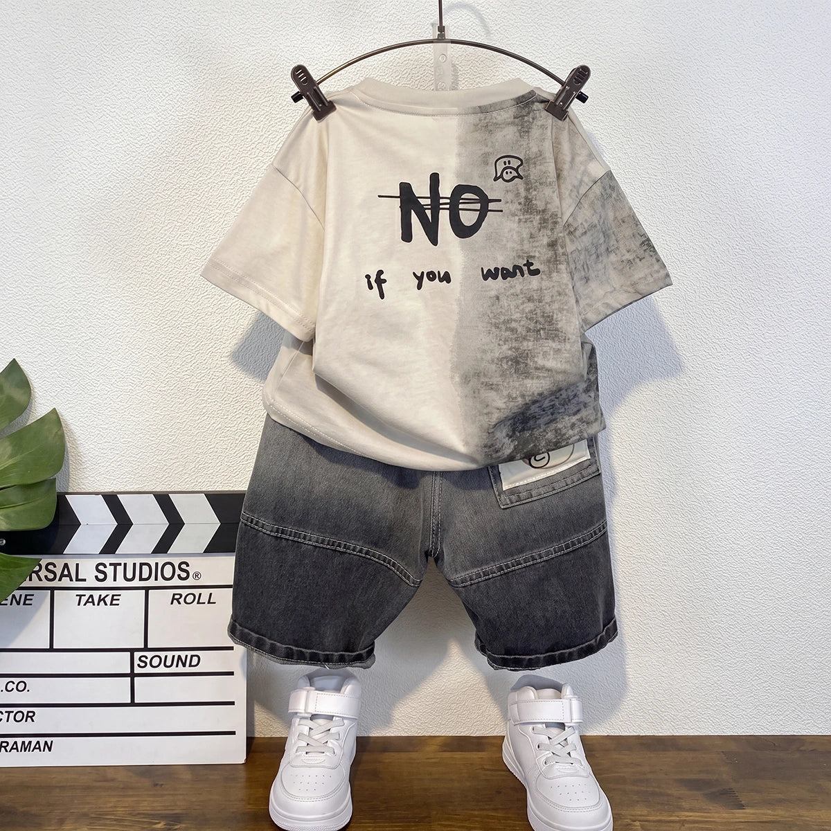 Boys Beige Short Sleeve Typography Print T-Shirt With Denim Shorts Sets