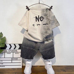 Boys Beige Short Sleeve Typography Print T-Shirt With Denim Shorts Sets