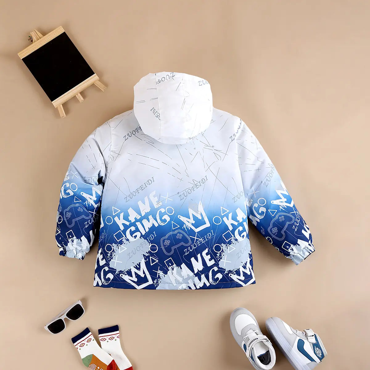 Boys Blue Ombre Printed Hooded Zipper Jacket