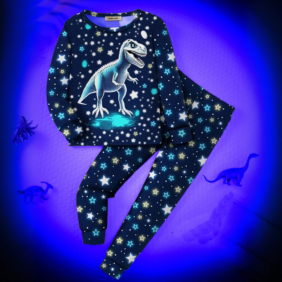 Boys Black Dinosaur Printed Glow in the Dark T-Shirt & Pajama Winter Set