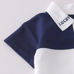 Boys Blue Embroidered Short Sleeves Polo T-Shirt With Denim Shorts Set
