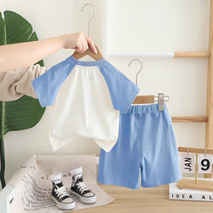 Boys Blue Dino Patchwork Raglan Sleeve T-shirt with Shorts Set