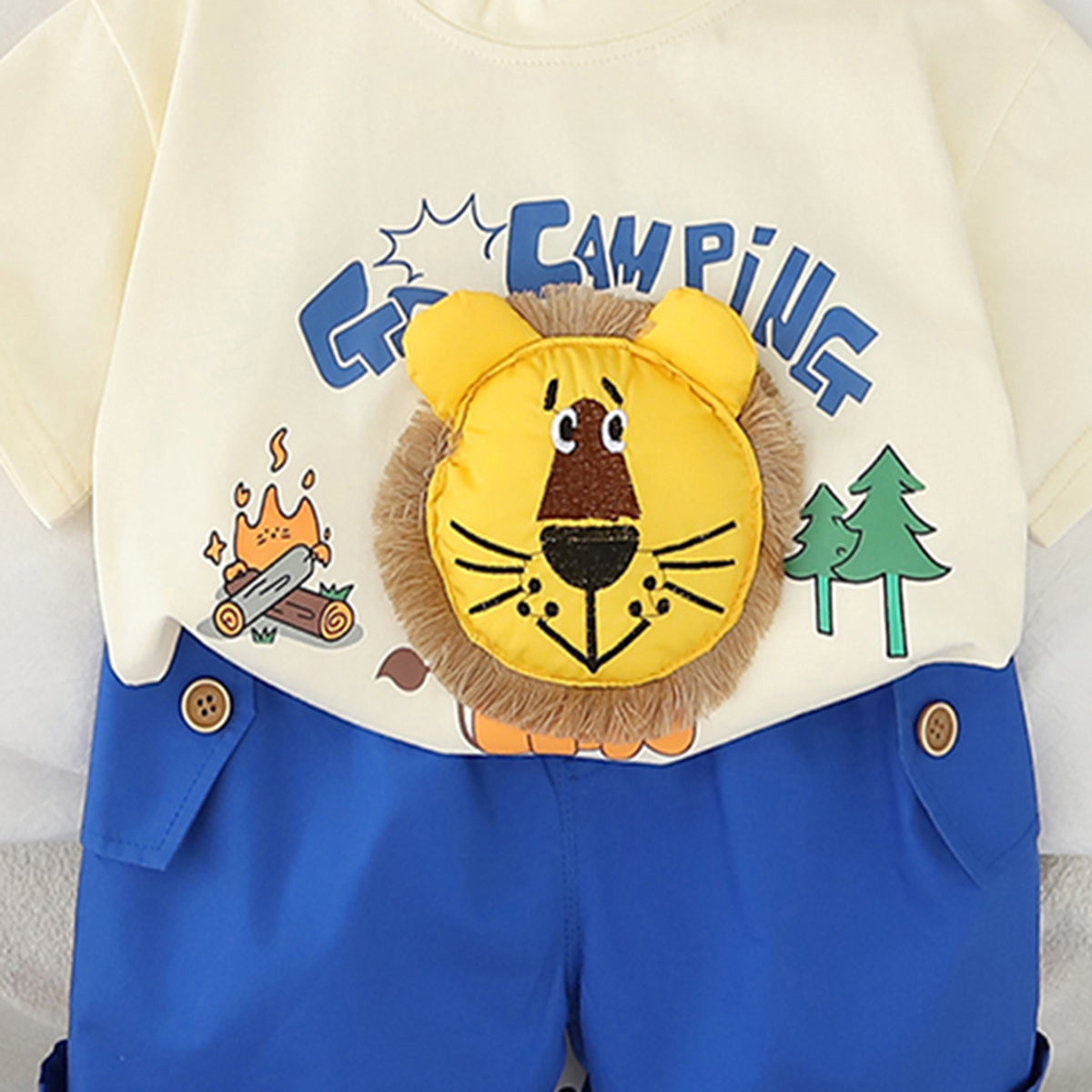 Boys 3D Lion Appliqued T-Shirt With Blue Shorts Set