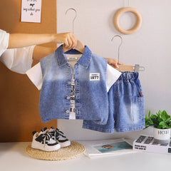 Boys Blue Denim Vest & Shorts With Printed T-Shirt Sets