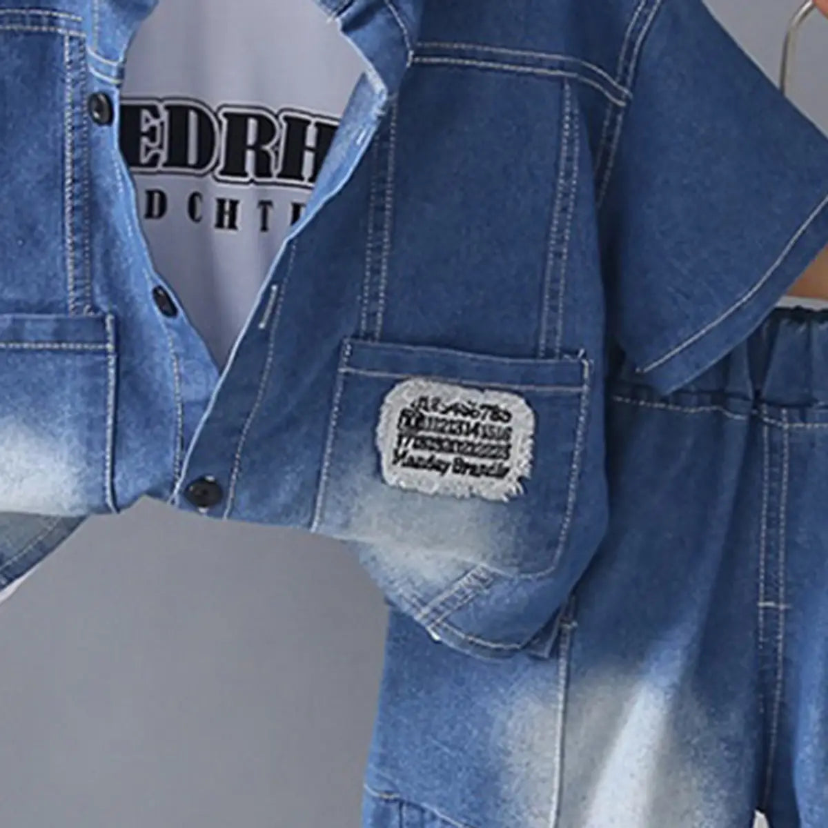 Boys Blue Denim Shirt & Shorts With Printed T-Shirt Sets