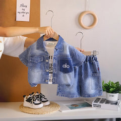Boys Blue Denim Shirt & Shorts With Sleeveless T-Shirt Sets