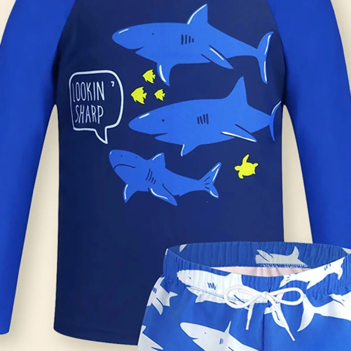 Boys Blue Fish Printed Long Sleeves T-Shirt & Shorts Swimsuit Sets
