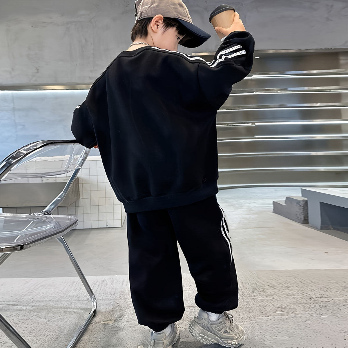 Boys Black Typographic Printed Sweatshirt With Joggers Winter Co-ord Sets