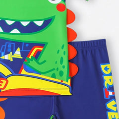 Boys Blue Dinosaur Printed T-Shirt With Shorts & Cap Swimwear Sets
