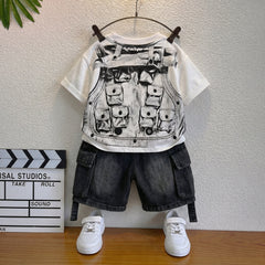 Boys Black Short Sleeve Graphic Print T-Shirt With Denim Shorts Sets