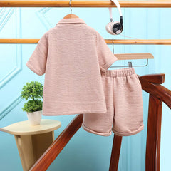 Boys Beige Smiley Printed Short Sleeve Shirt With Elasticated Shorts Sets