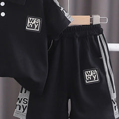 Boys Black Typographic Printed Short Sleeve Polo T-Shirt With Shorts Sets