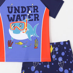 Boys Blue Graphics T-Shirt With Shorts Swimwear Sets