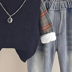 Boys Black Sweater Vest With Checked Shirt & Denim Pant Sets