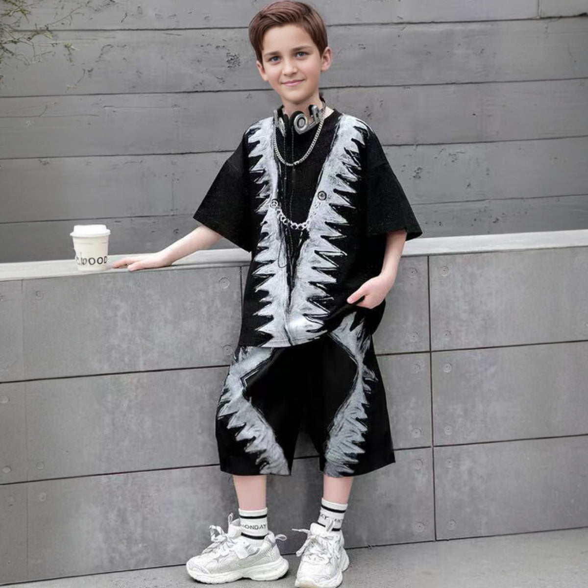 Boys Black Abstract Printed Summer Oversized T-Shirt With Shorts Set