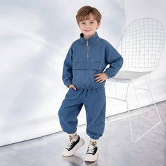 Boys Blue Half Zipper Denim Jacket With Jogger Co-ord Sets