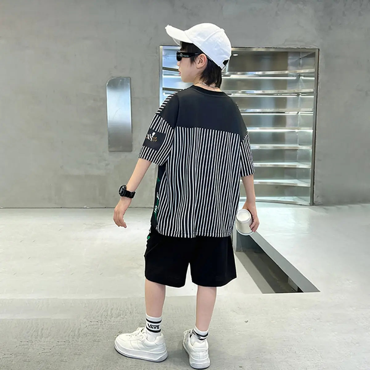 Boys Black Stripes & Typographic Printed Oversized T-Shirt With Shorts Set