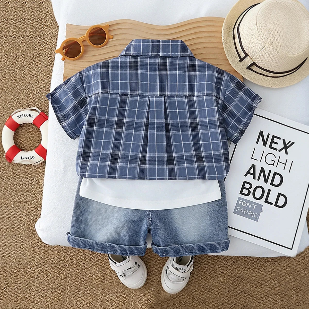 Boys Blue Checked Shirt With Printed T-Shirt & Denim Shorts Set