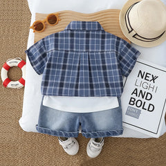 Boys Blue Checked Shirt With Printed T-Shirt & Denim Shorts Set