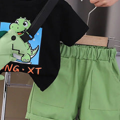 Boys Black Dinosaur Graphic Short Sleeve T-Shirt With Shorts Sets