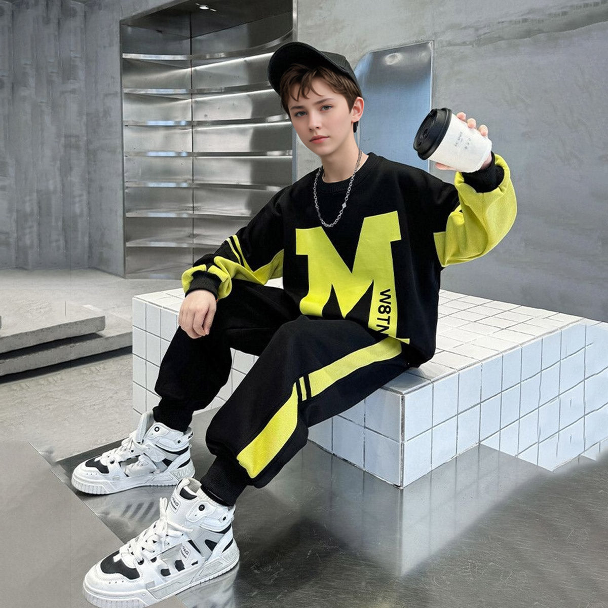 Boys Black Typographic Printed Winter Sweatshirt With Pants Sets