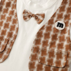 Boys Attached Waistcoat T-Shirt With Brown Abstract Printed Shorts Set