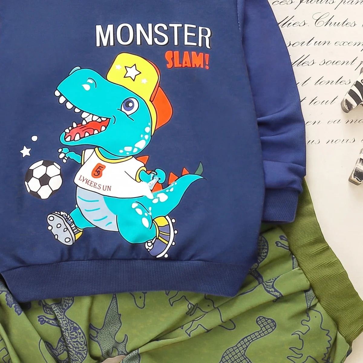 Boys Blue Dinosaur Cartoon Printed Sweatshirt With Joggers Sets