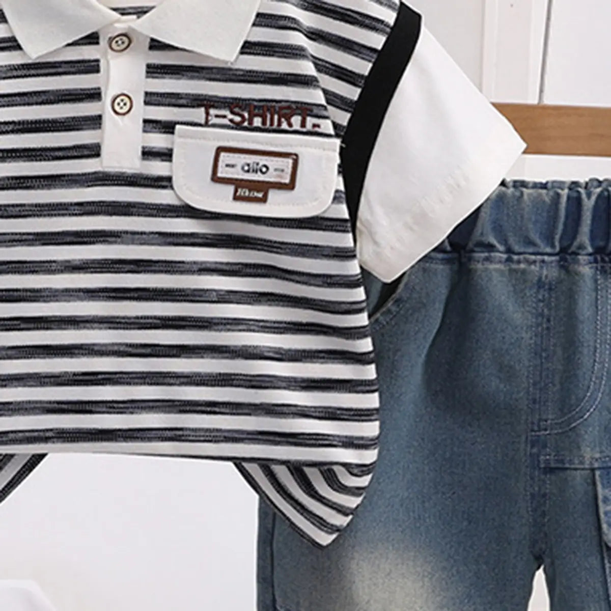 Boys Black Striped Short Sleeve Polo T-Shirt With Elasticated Denim Shorts