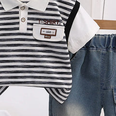 Boys Black Striped Short Sleeve Polo T-Shirt With Elasticated Denim Shorts