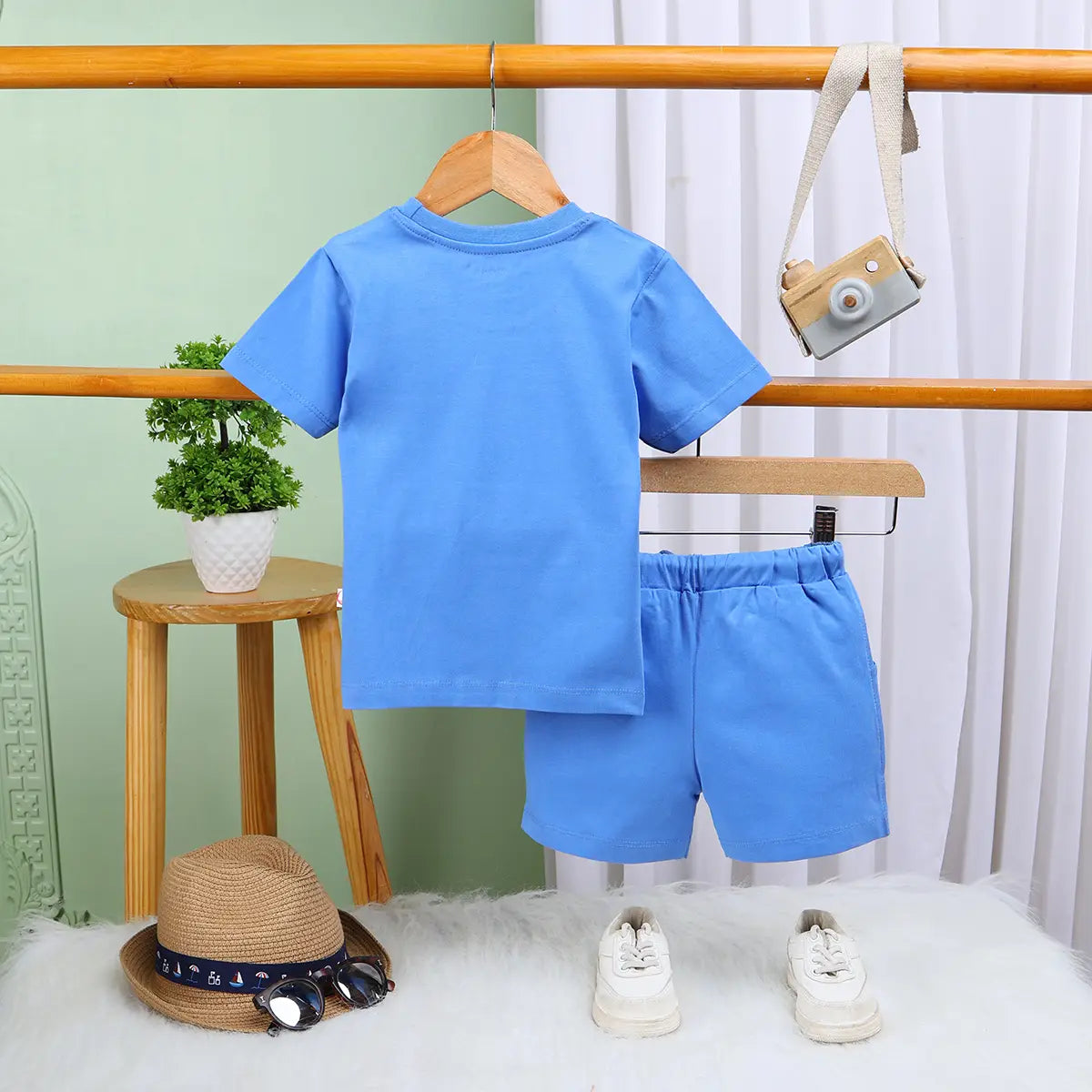 Boys Blue Graphic Short Sleeves T-Shirt With Drawstring Shorts Sets