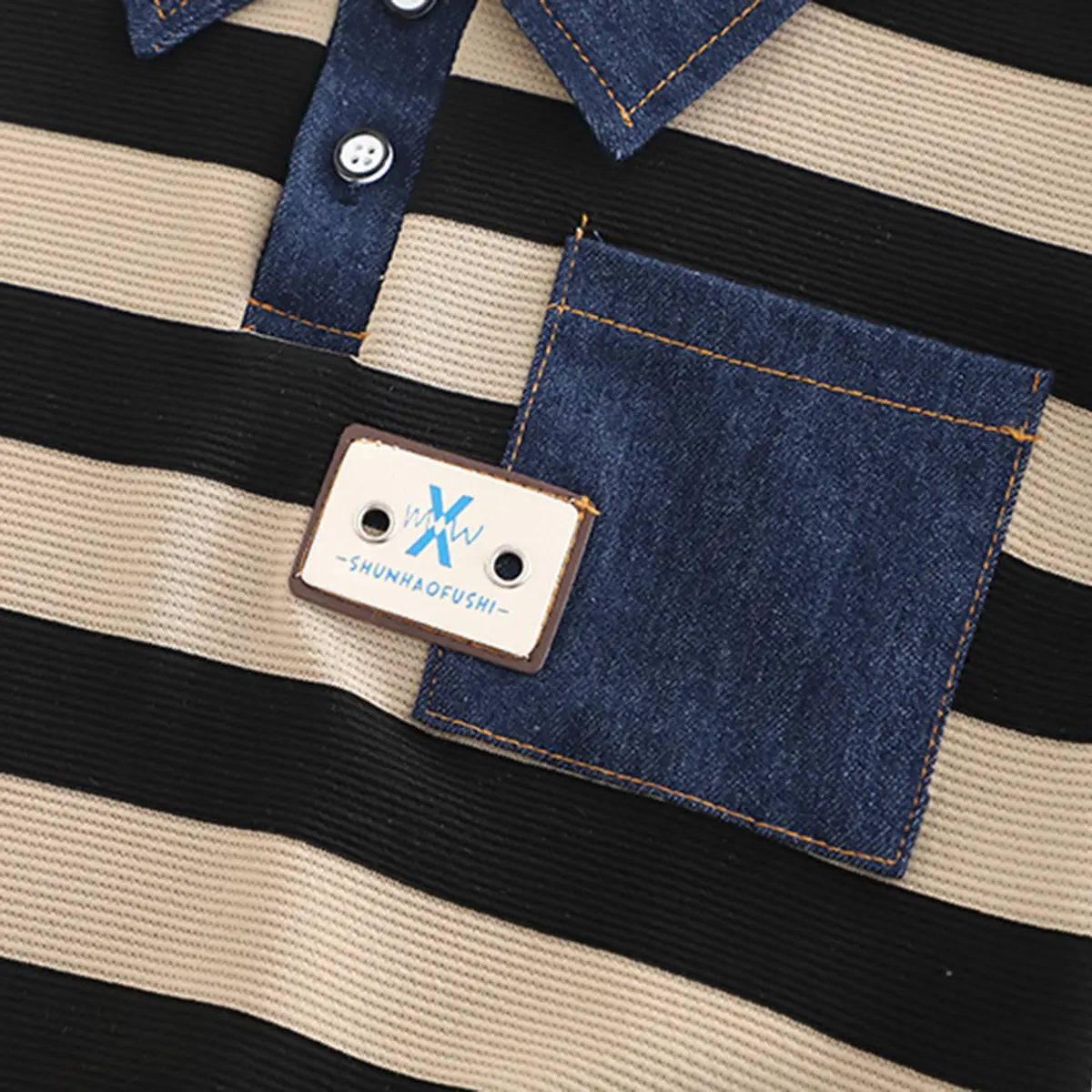 Boys Beige Stripes Polo Sweatshirt With Denim Pants Set