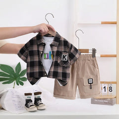 Boys Black Checked Short Sleeve Shirt With Printed T-Shirt And Shorts Sets