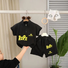 Boys Black Typographic Printed Short Sleeve T-Shirt With Elasticated Shorts Sets