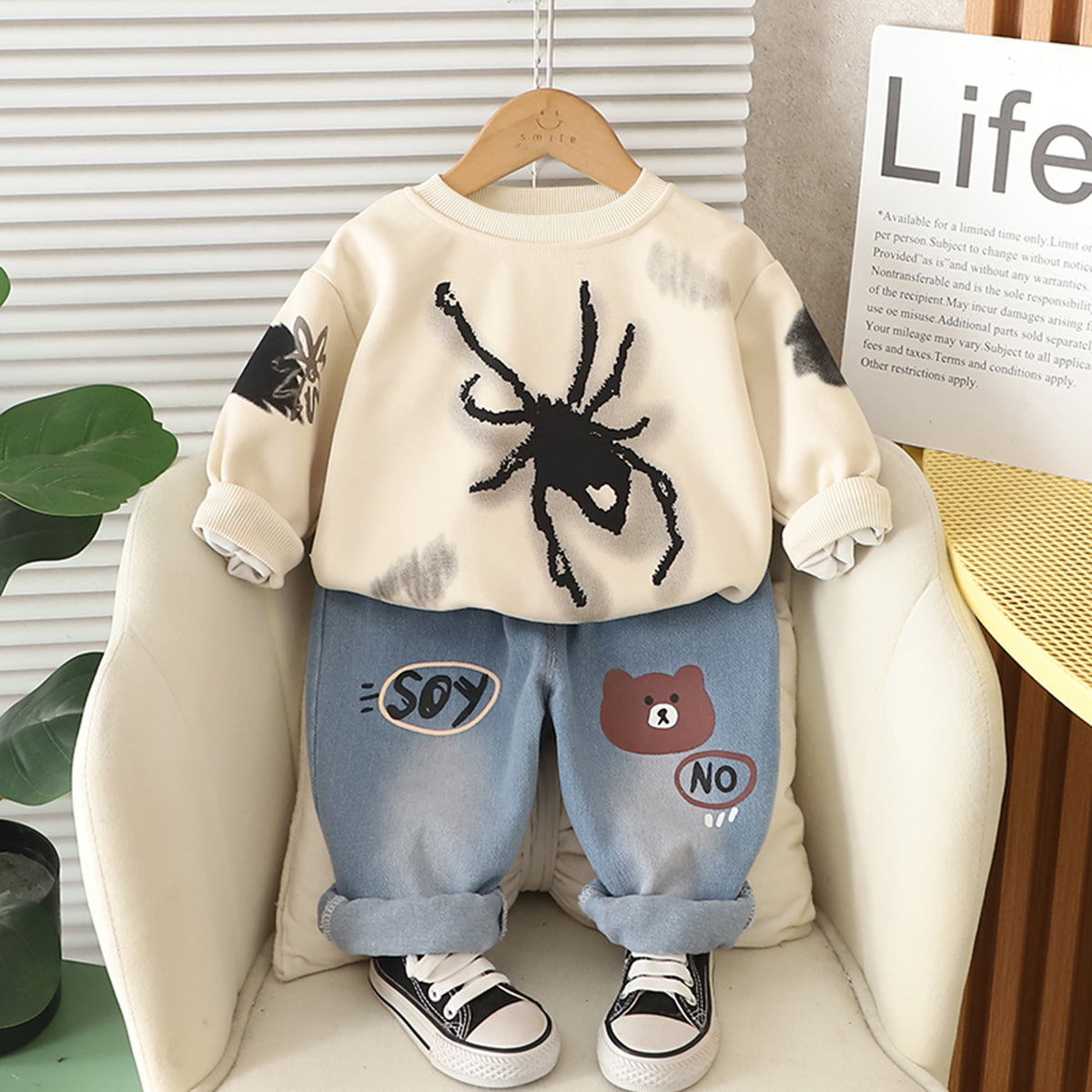 Boys Beige Spider Printed Winter Sweatshirt With Denim Pants Set