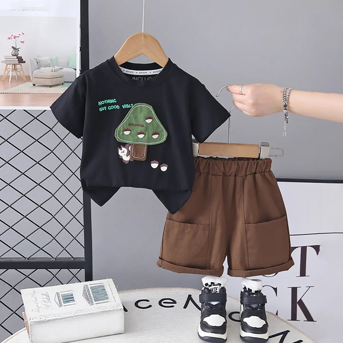 Boys Black Mushroom Graphic T-Shirt With Shorts Sets