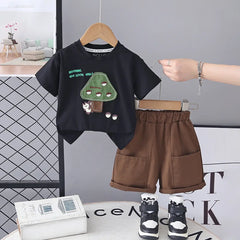Boys Black Mushroom Graphic T-Shirt With Shorts Sets