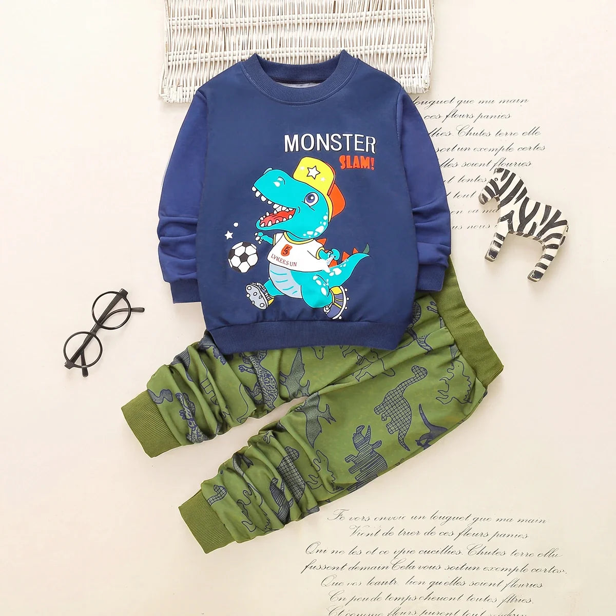 Boys Blue Dinosaur Cartoon Printed Sweatshirt With Joggers Sets