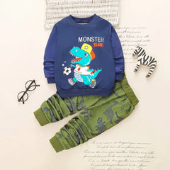 Boys Blue Dinosaur Cartoon Printed Sweatshirt With Joggers Sets