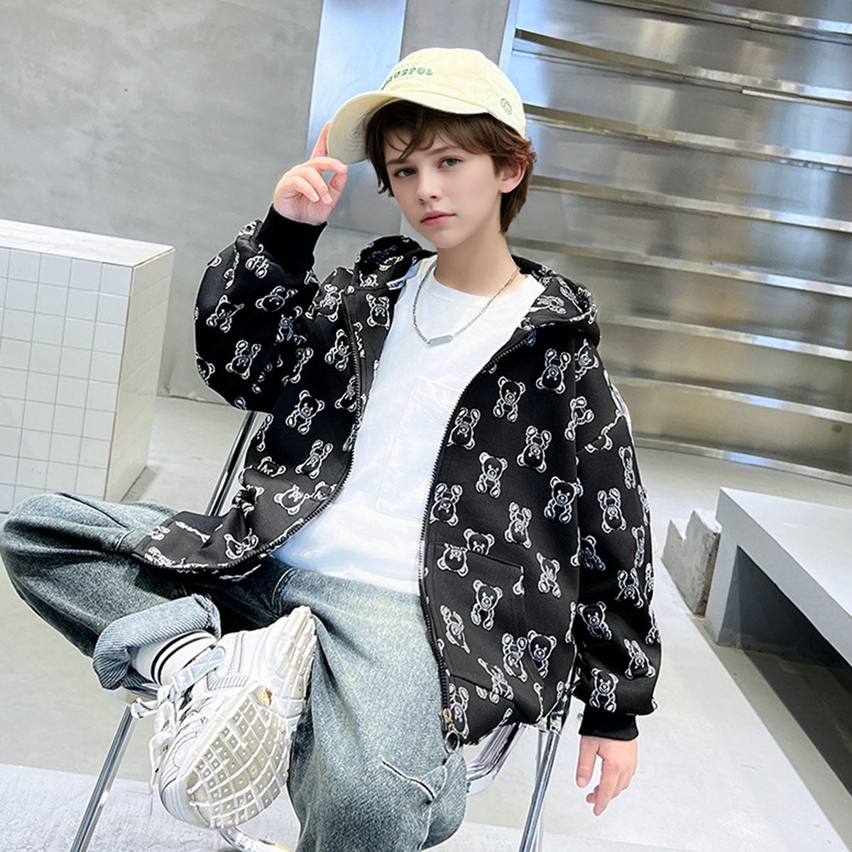Boys Black Teddy Printed Hooded Front Zipper Winter Jacket